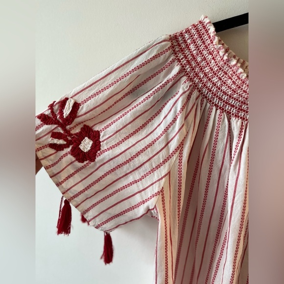 Luna Moon Off-Shoulder Red-White Embroidered Flowers and Tassel Mini Dress - Picture 3 of 12